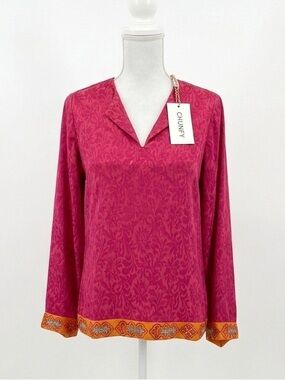 CHUFY Pink Damask Jacquard Long Sleeve Top Embroidered Trim V-Neck NWT